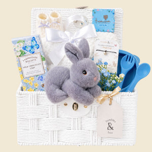Newborn baby gifts in a white wicker hamper basket with bunny, blanket and feeding bowl.