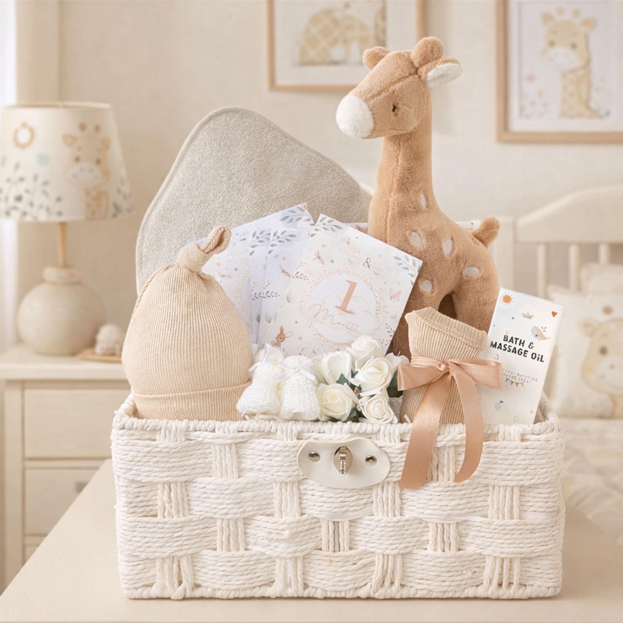 Baby hamper gifts for a newborn with giraffe soft toy and skincare in a hamper basket.