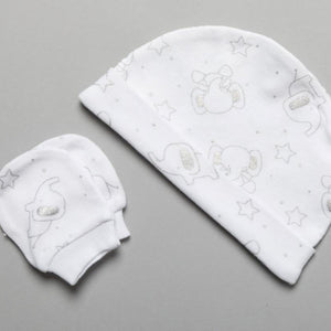 Matching baby hat and mittens with elephant print