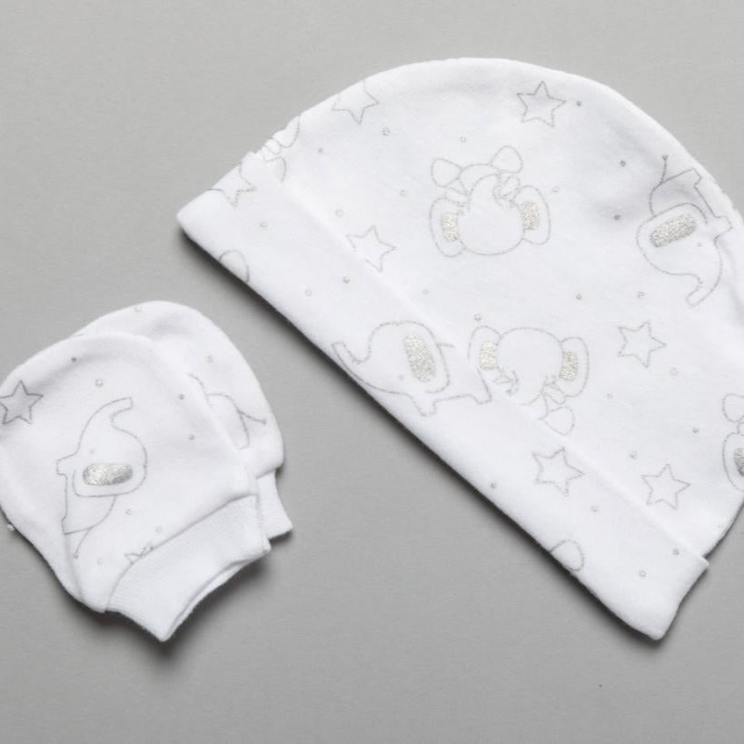 Matching baby hat and mittens with elephant print