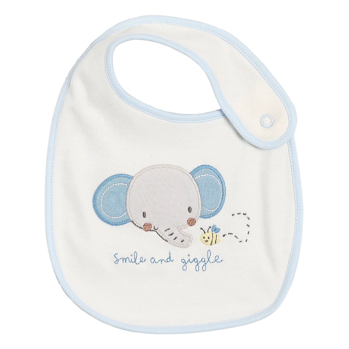 Baby bib with elephant design and 'smile and giggle' text on a white background