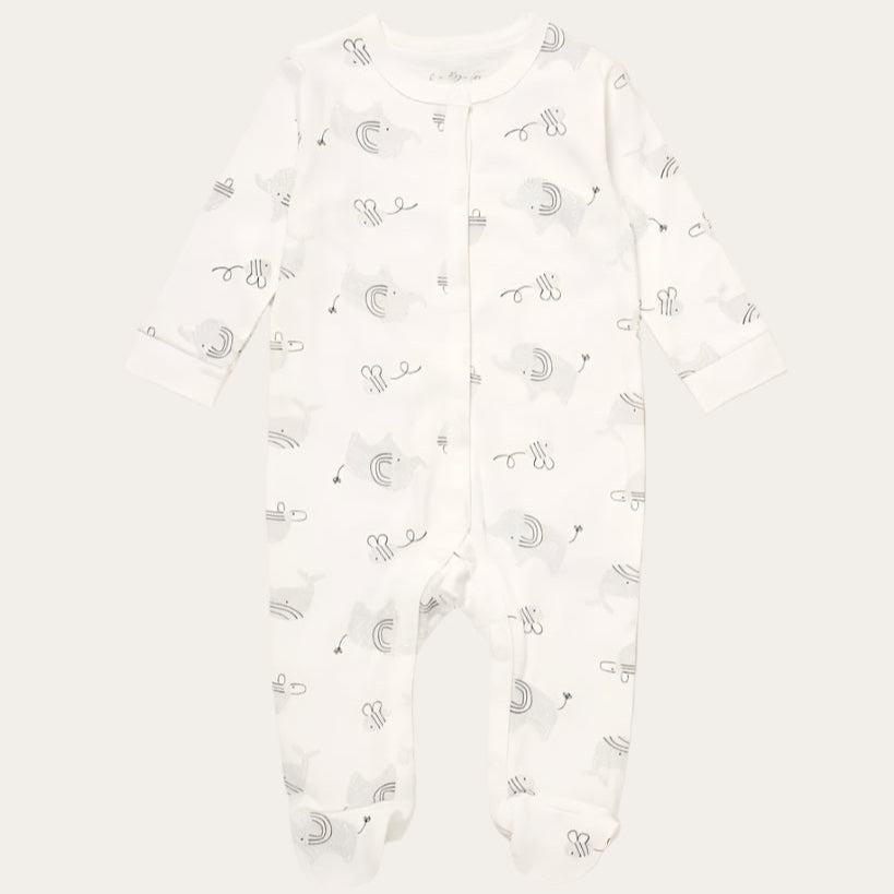 White babygrow onesie with a pattern.