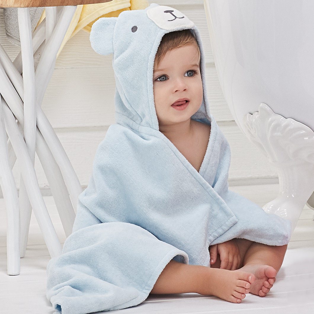 Baby bath towel in sky blue with teddy bear face