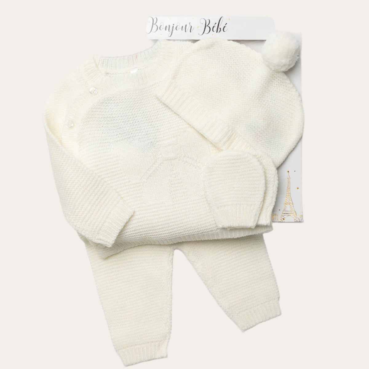 Baby pullover, leggings, mittens, and hat in ivory