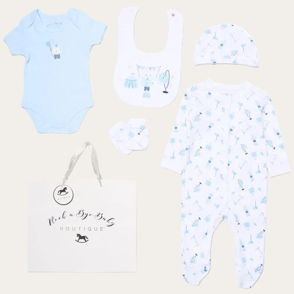 Blue circus baby boy five piece outfit set