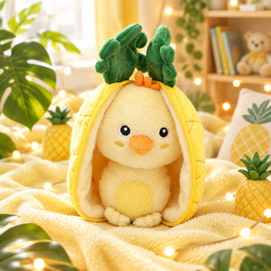 Nugget chick revealed inside the unzipped pineapple plush, displayed on a yellow blanket.