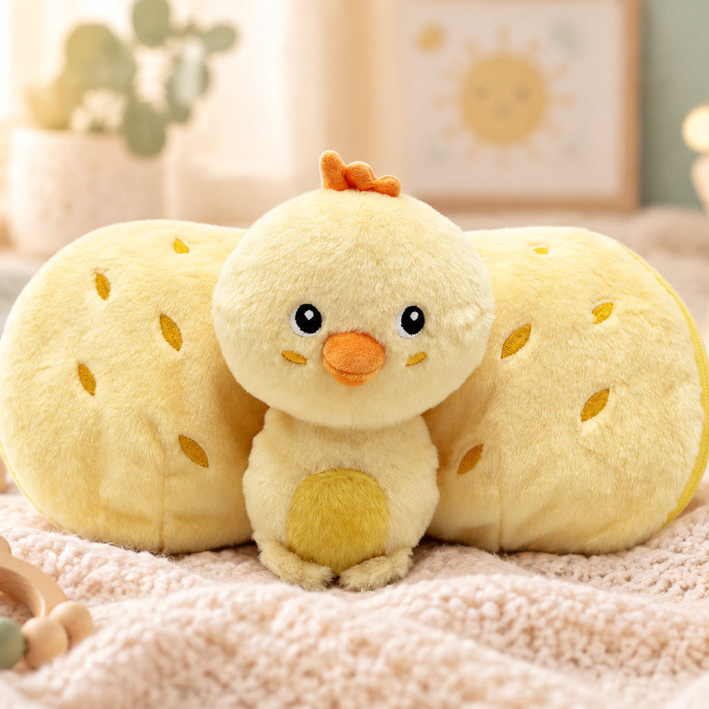 Front view of the yellow Nugget chick with orange beak and the pineapple shell opened around it.
