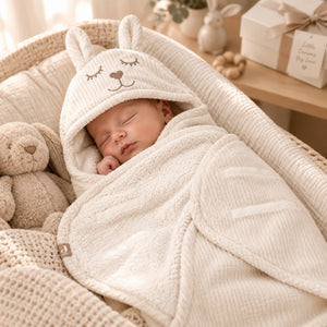 Oatmeal bunny baby wrap blanket measuring 105 x 100 cm