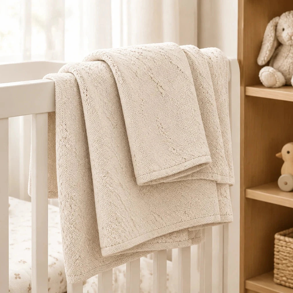 Oatmeal baby cot blanket with grain knit design and fleece-lined reverse