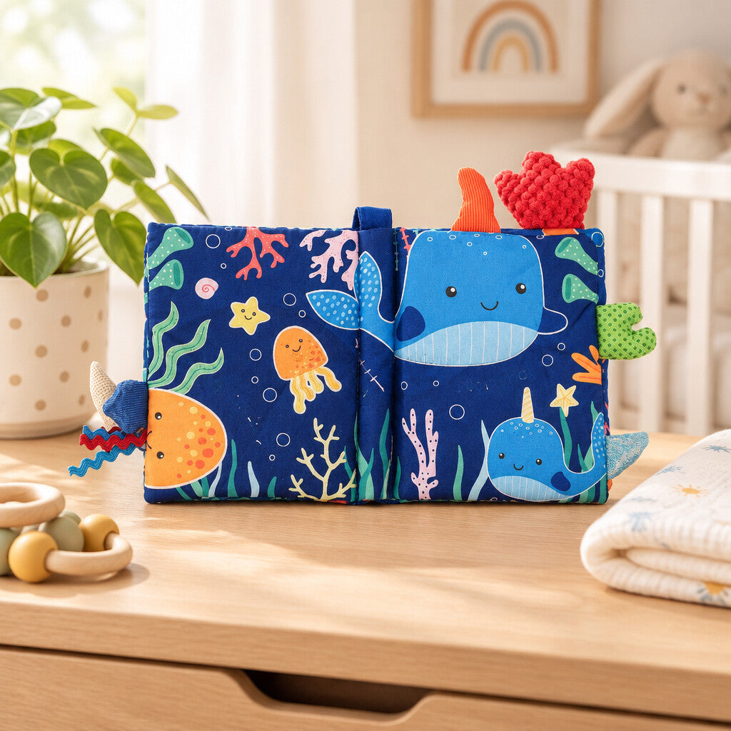 Soft ocean baby book showing colourful sea-themed cloth pages