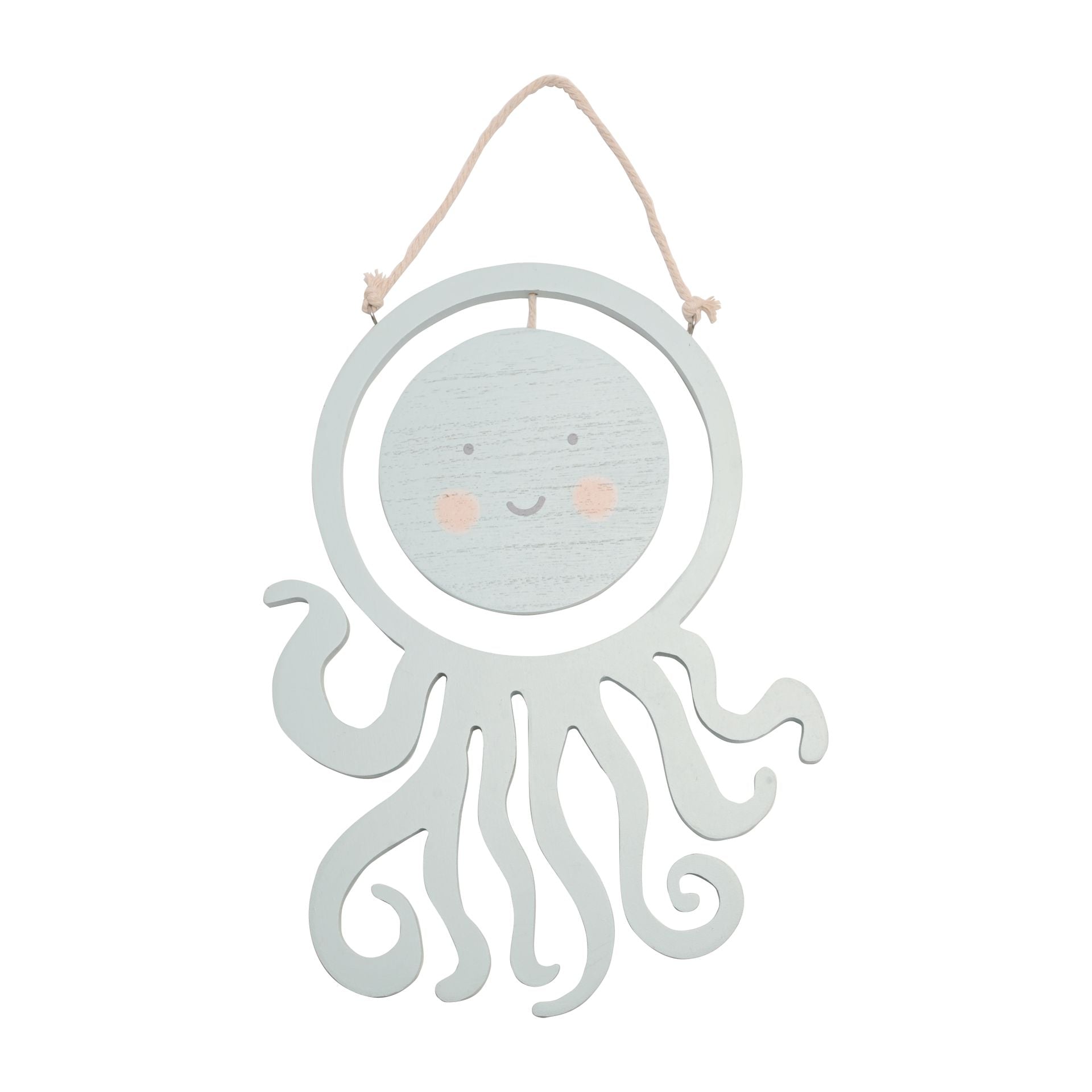 An adorable hanging octopus. The wooden ring wall display features a light blue octopus design, with a matching round plaque inside featuring ‘Let’s Protect Our Seas’ written in white capital lettering. Complete with an attached rope hanger, this plaque can be hung anywhere.