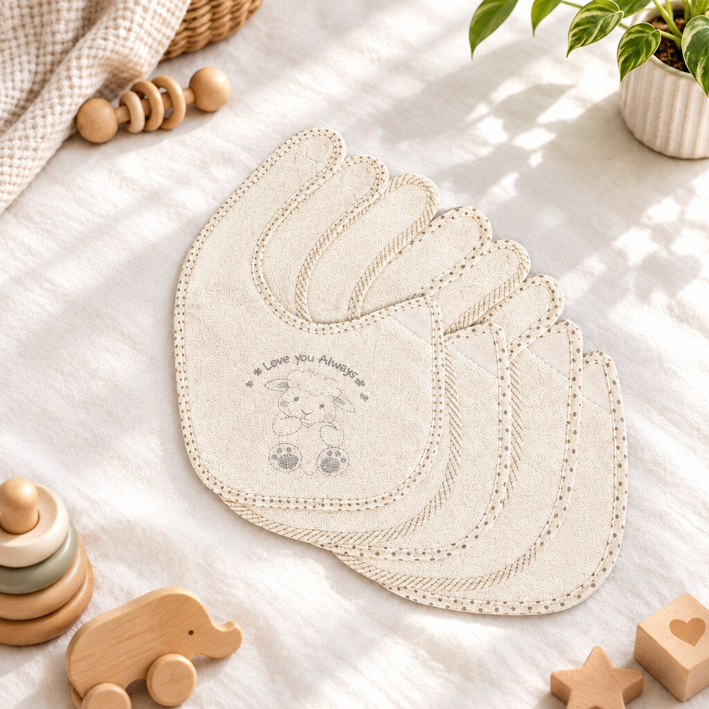 Pack of five off-white terry baby bibs with Love You Always wording