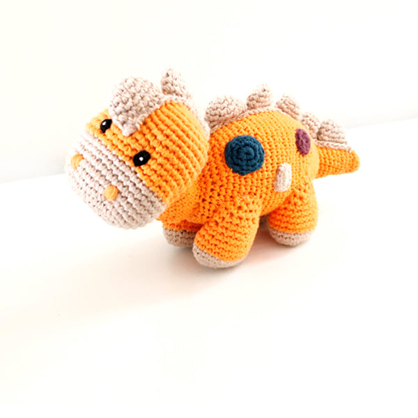 Organic knit orange steggi dinosaur rattle soft toy