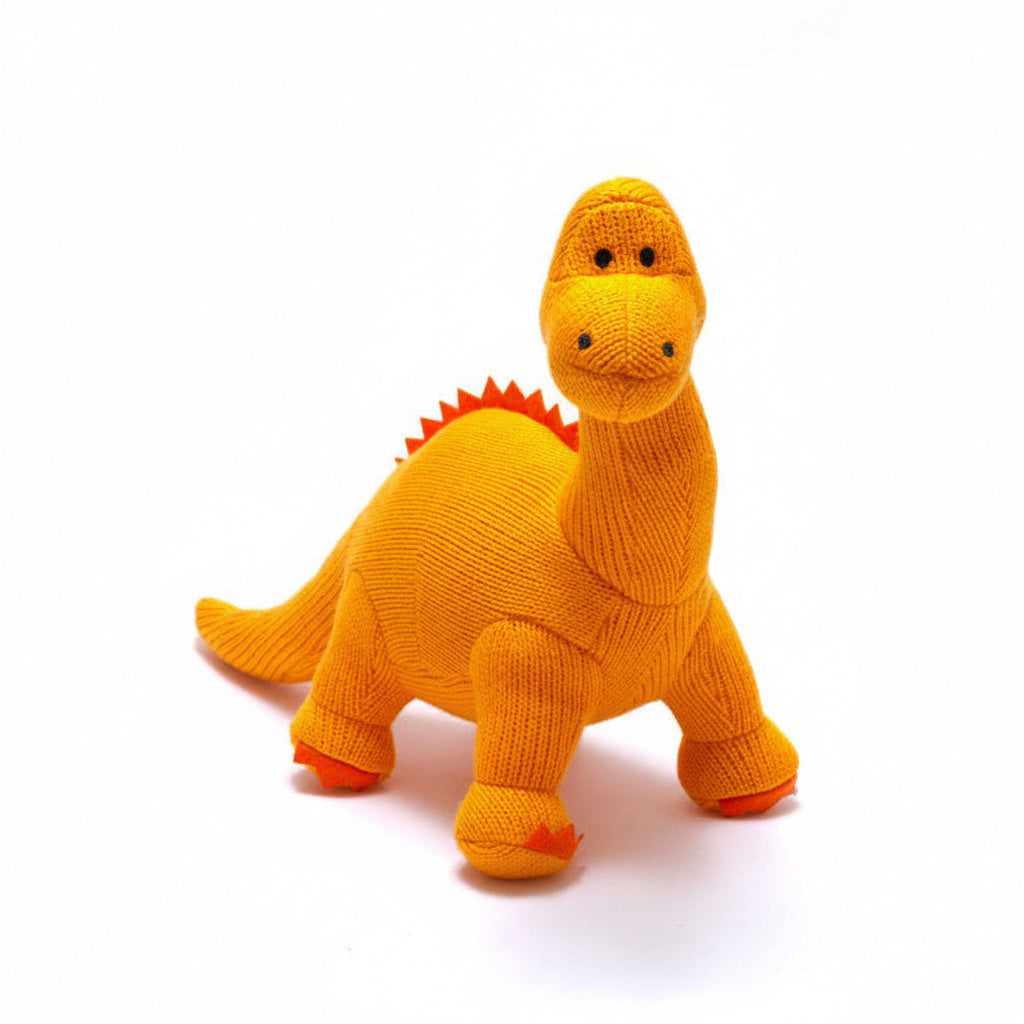 Orange Diplodocus knitted Dinosaur Rattle with long neck and tail