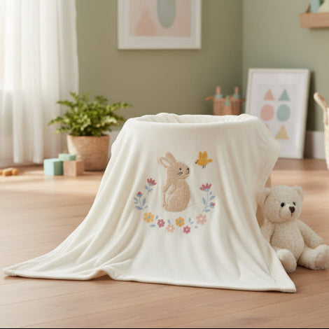 Organic cotton baby blanket with embroidered bunny surrounded by colourful floral stitching and small bird detail.