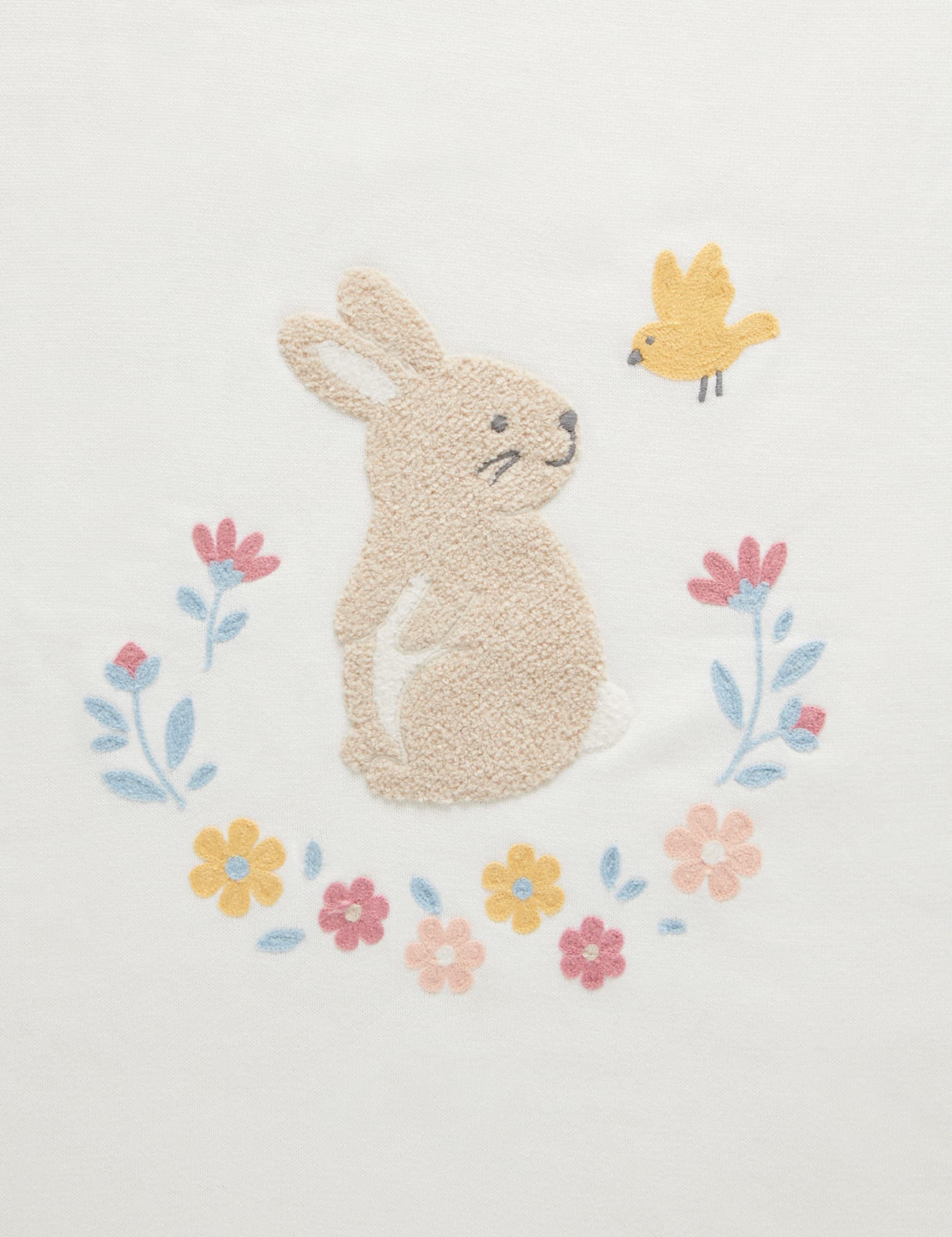 Organic baby blanket showing soft shearling reverse lining and cotton front with bunny embroidery.