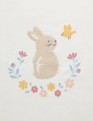 Organic baby blanket showing soft shearling reverse lining and cotton front with bunny embroidery.
