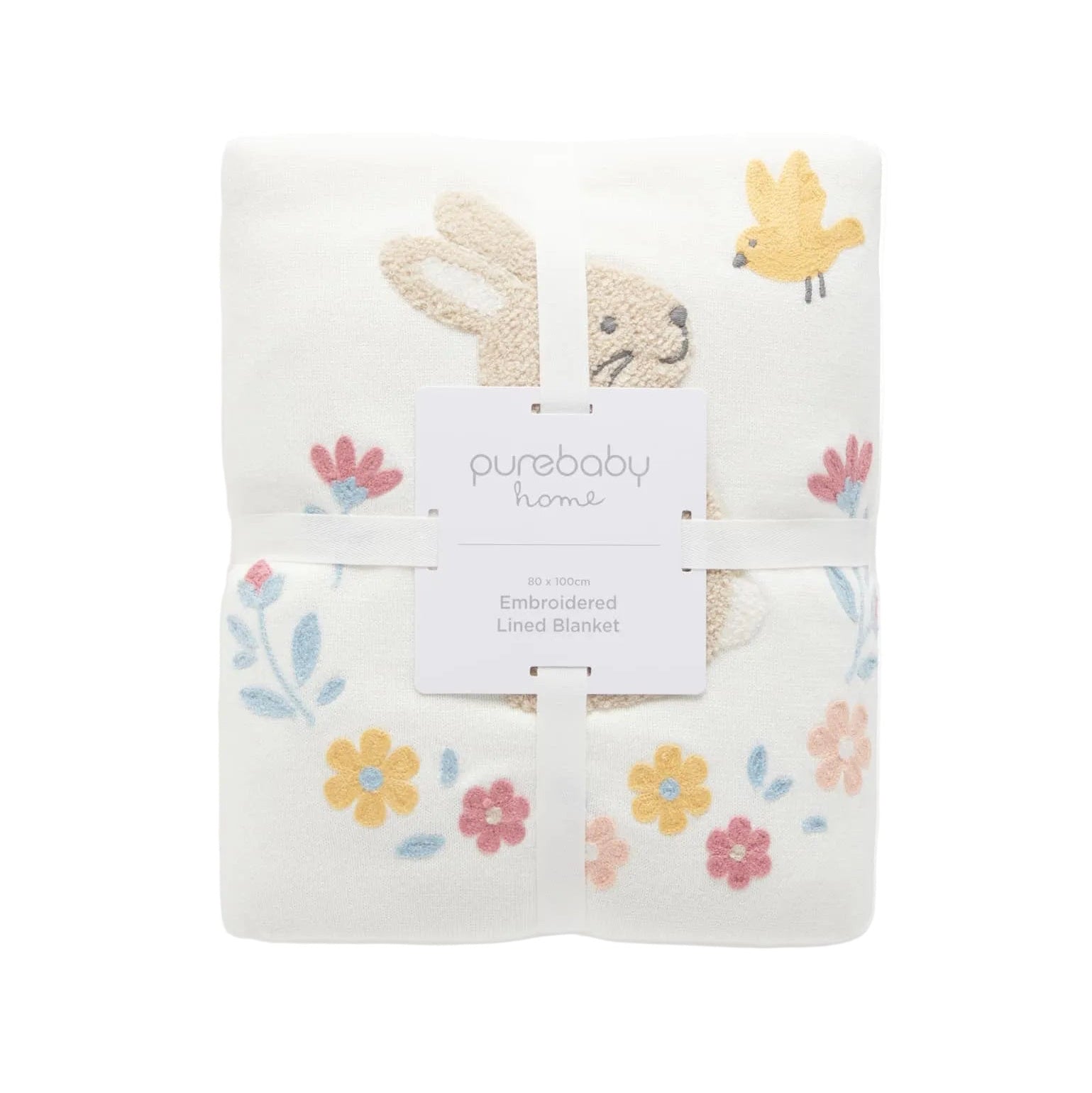 Organic baby blanket showing soft shearling reverse lining and cotton front with bunny embroidery.