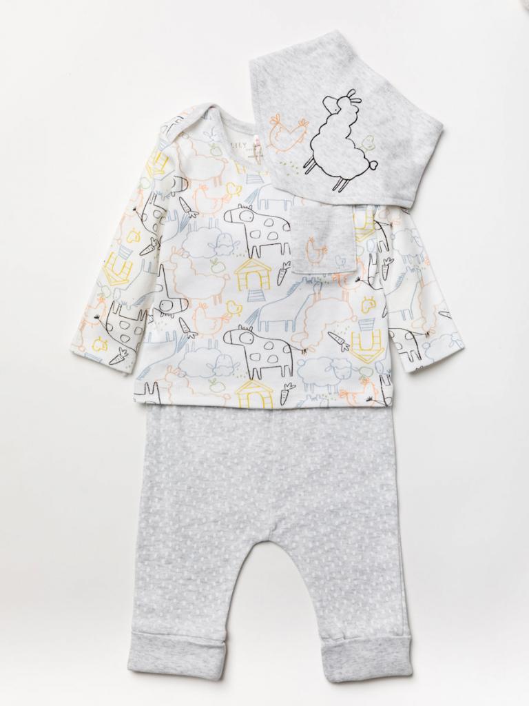 organic baby clothing set with farm design