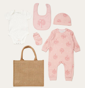 Organic Dusky Pink Baby Girl Gift Set with Tree Print