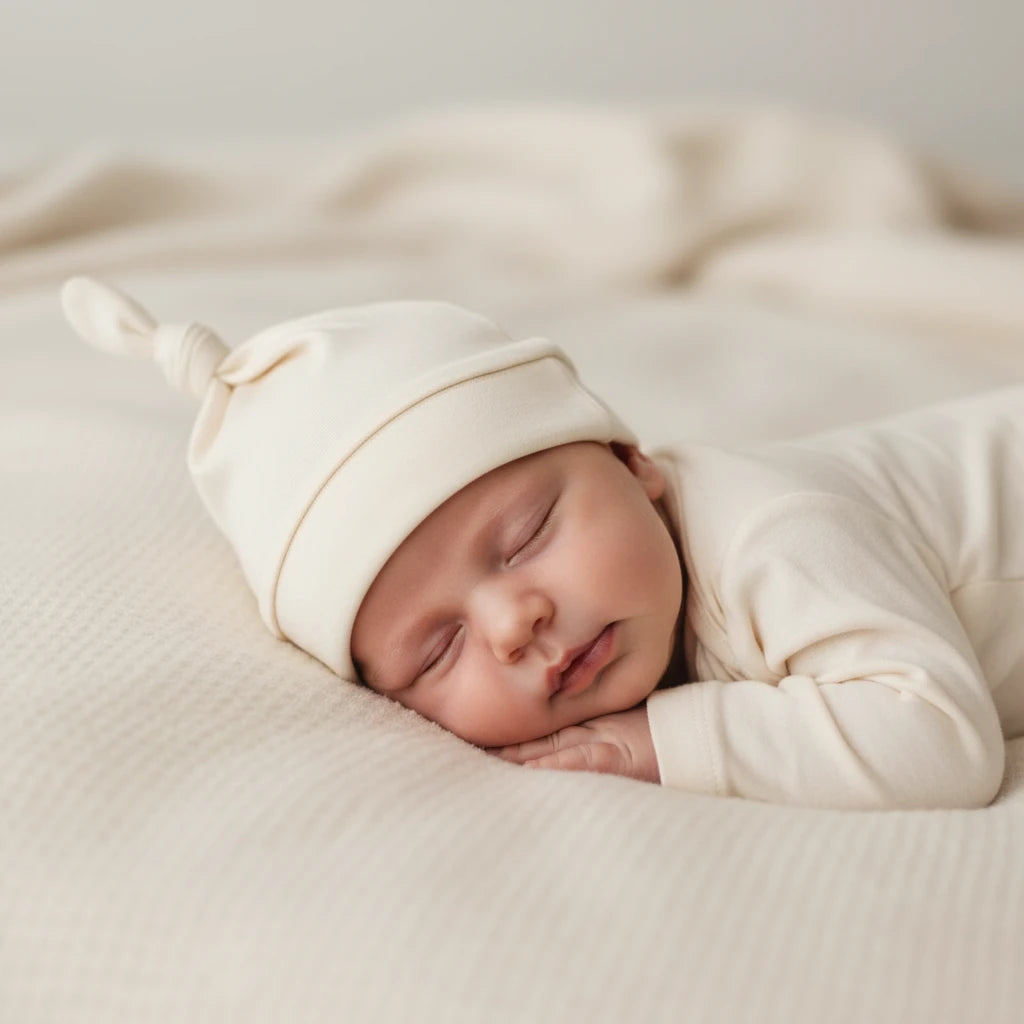 Biscuit beige organic baby knot hat made from soft cotton with adjustable knot and ribbed band for a baby