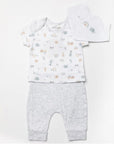 organic new baby clothing set, top, bottoms and bib