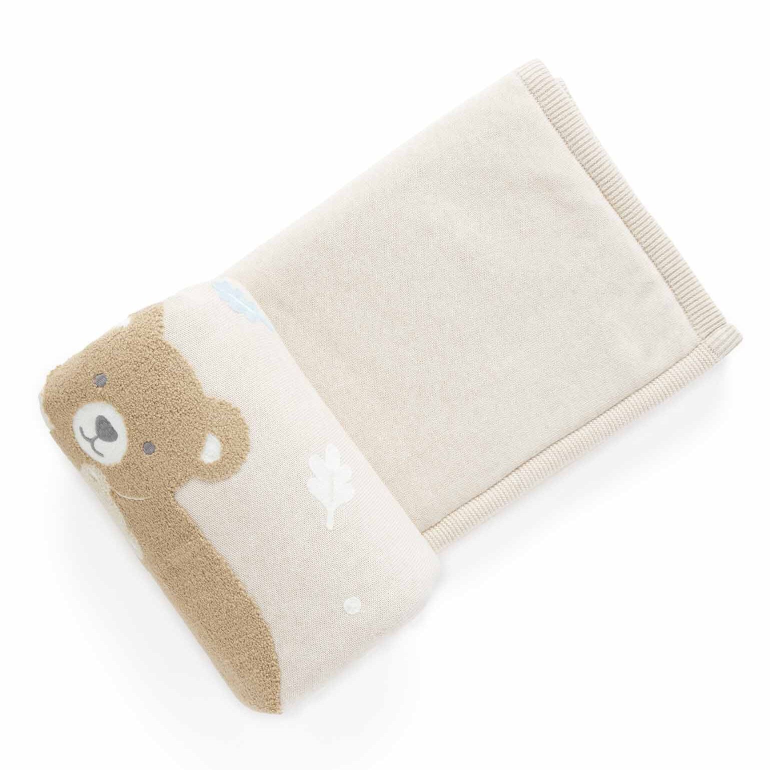 Little Bear organic baby blanket with chenille embroidery and recycled shearling reverse, cosy 80cm x 100cm nursery blanket.