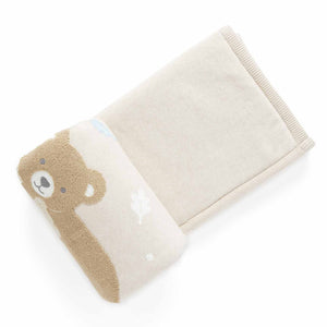 Little Bear organic baby blanket with chenille embroidery and recycled shearling reverse, cosy 80cm x 100cm nursery blanket.