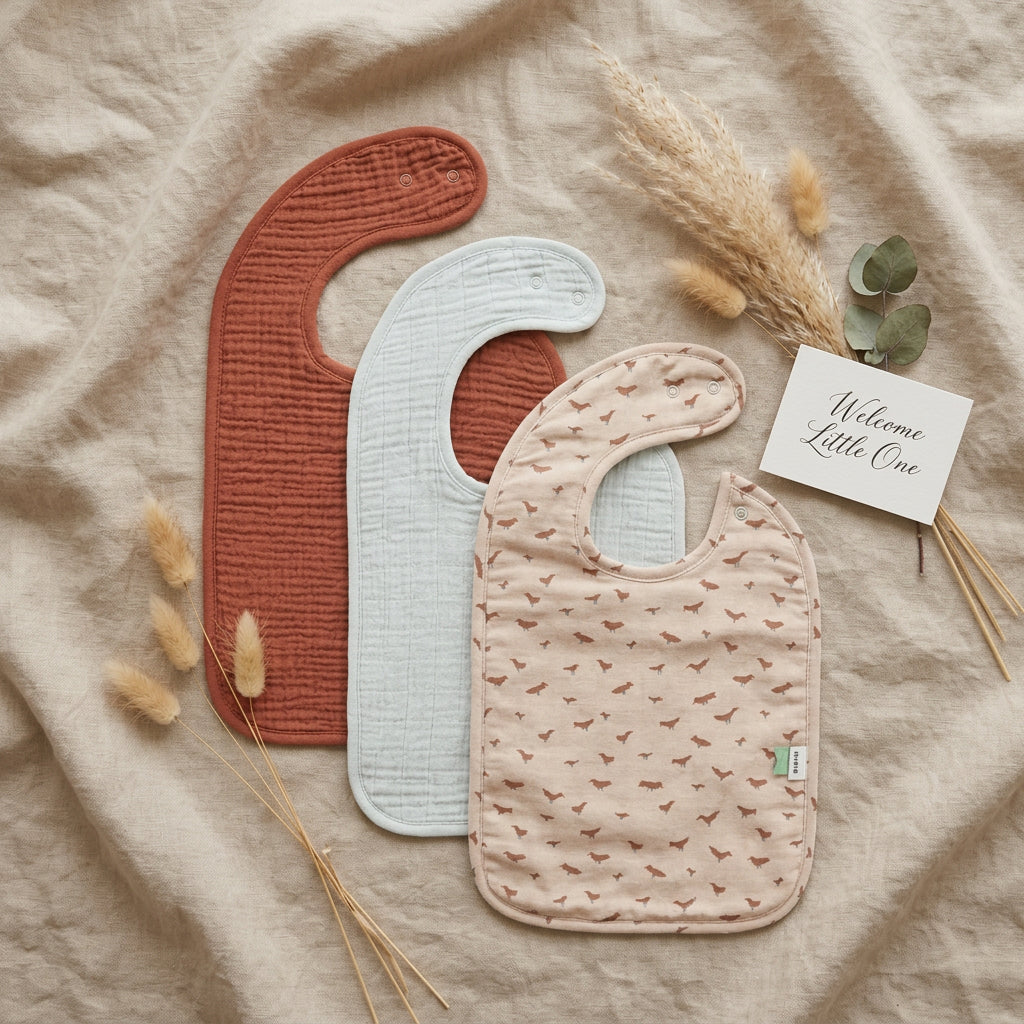 Three rounded baby bibs in bird print, pale blue and rust colours
