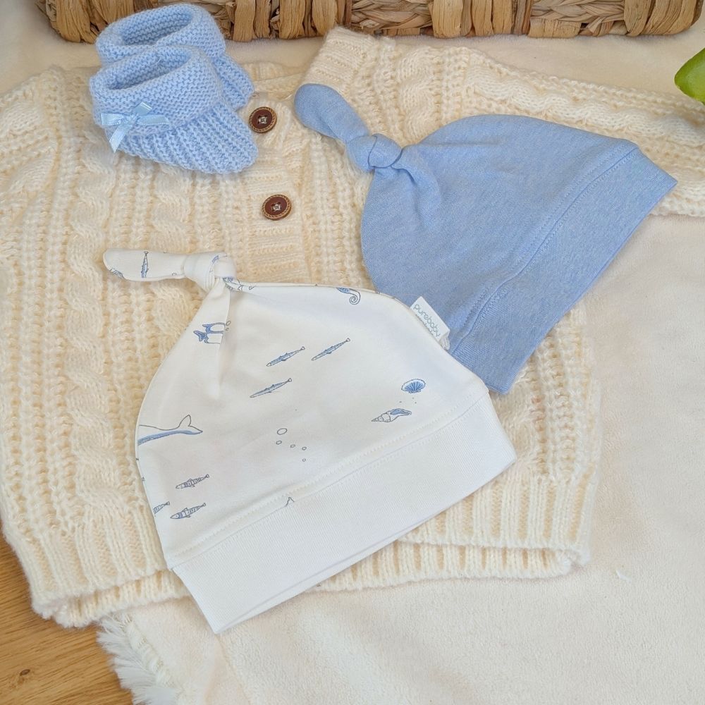 Blue and white nautical themed organic baby hats