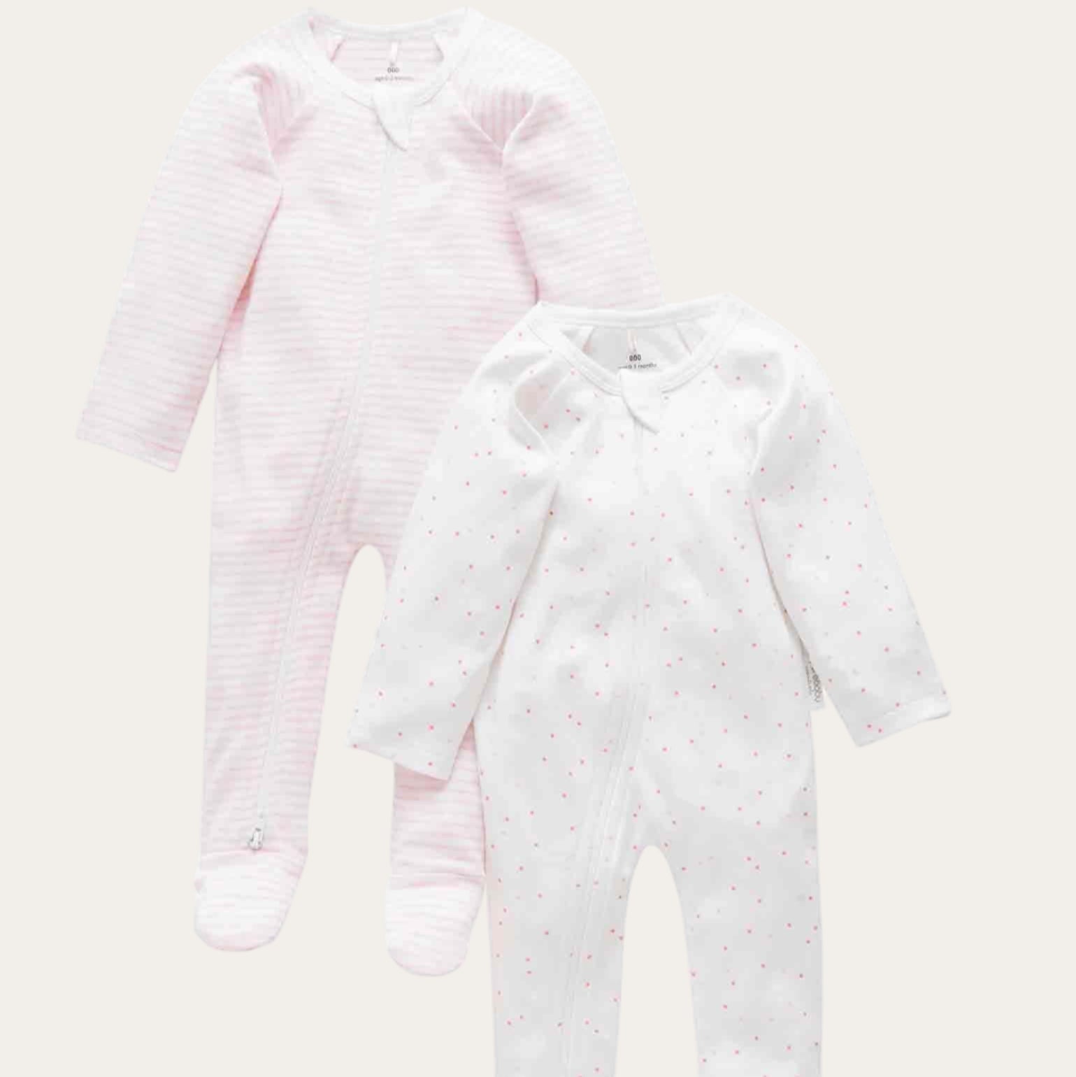Organic cotton pink baby sleepsuits – 2 pack