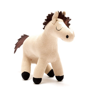 Organic cotton knitted pony baby toy with soft neutral tones, designed for gentle play, nursery styling and comforting cuddles.
