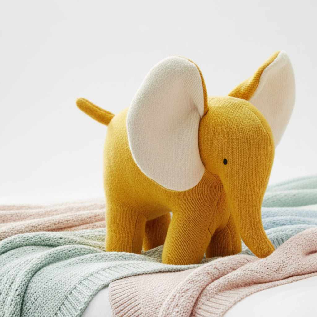 Organic cotton elephant baby soft toy in mustard yellow with knitted texture