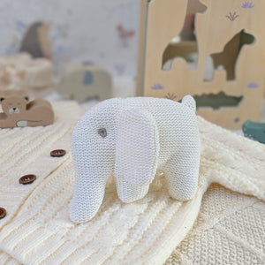 white organic knitted elephant baby rattle