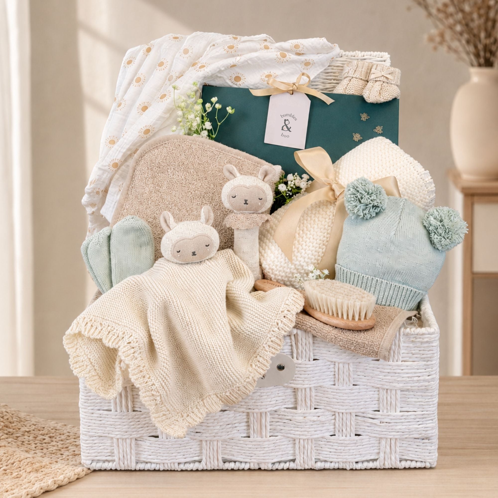 Organic gifts for baby in a hamper basket. Includes organic lamb toys and baby journal