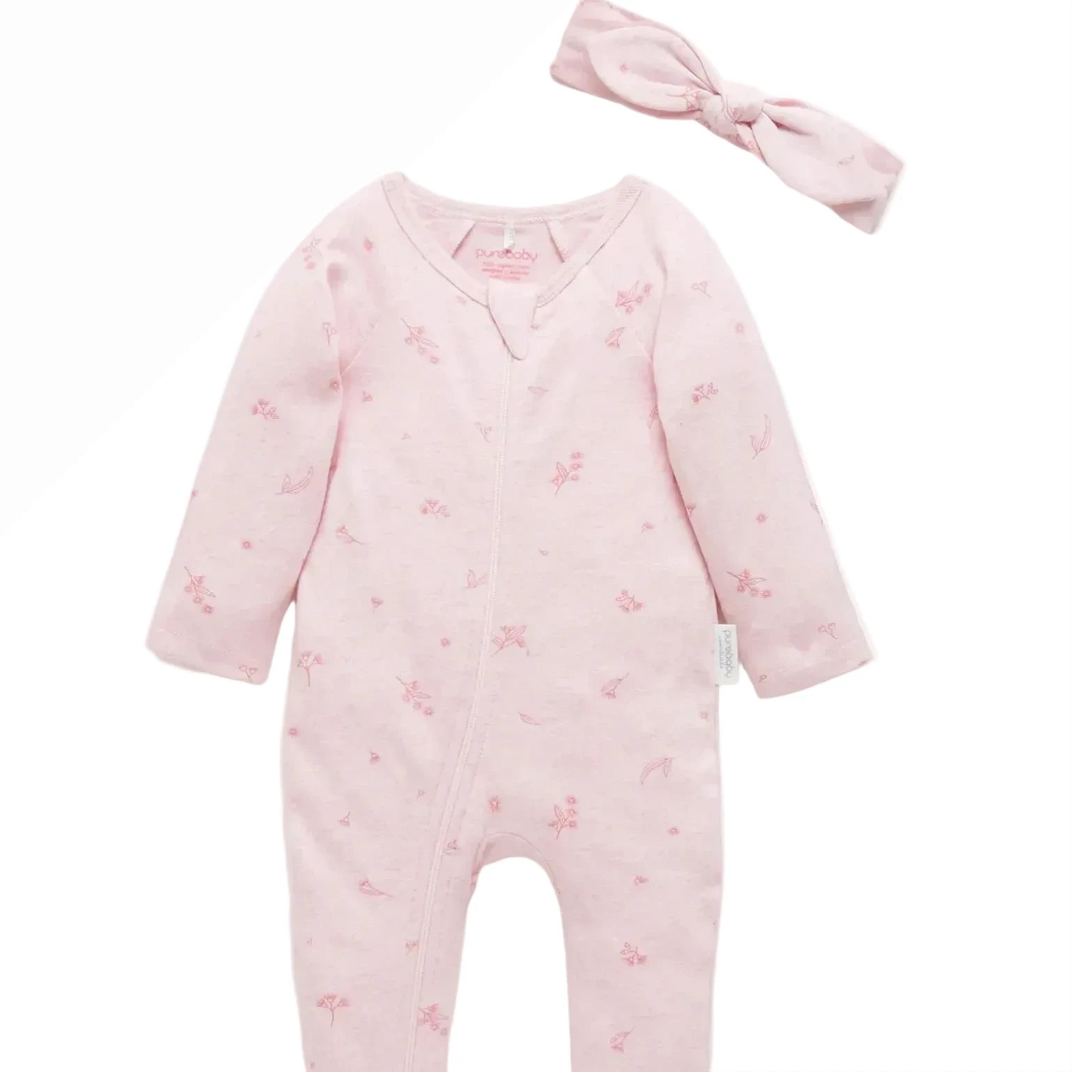 Organic growsuit and headband set in pink blossom made from soft organic cotton pointelle