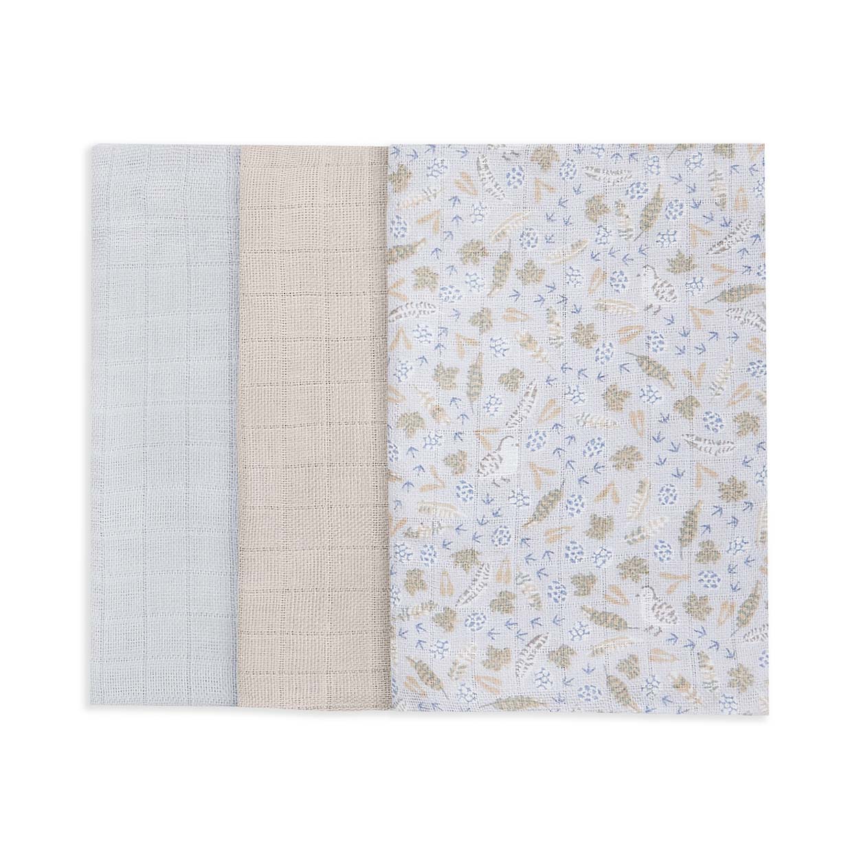 Set of 3 organic muslin square in beige, light blue and woodland print