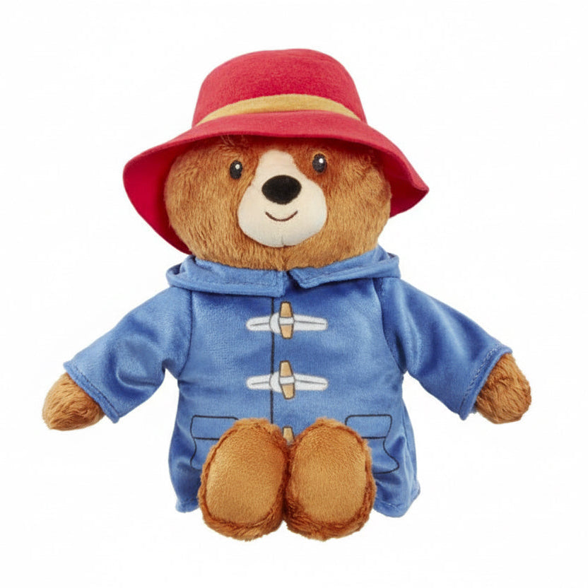 Paddington cuddly bear soft toy with red hat and blue coat, small plush baby toy designed for gentle play and soothing comfort