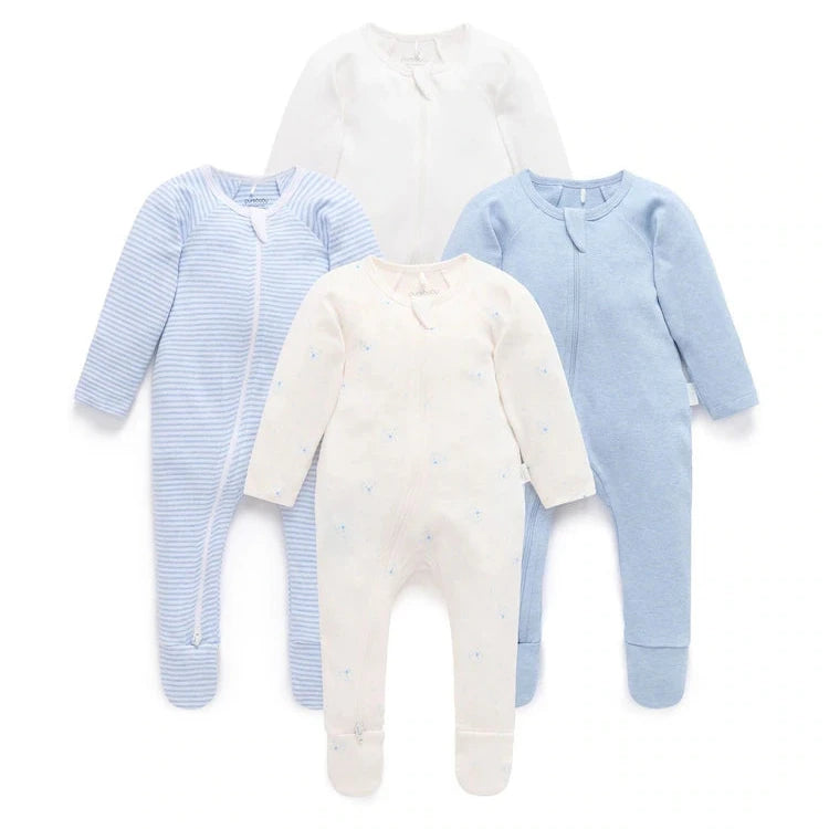 Pale blue Bear print, striped and plain baby zip growsuits