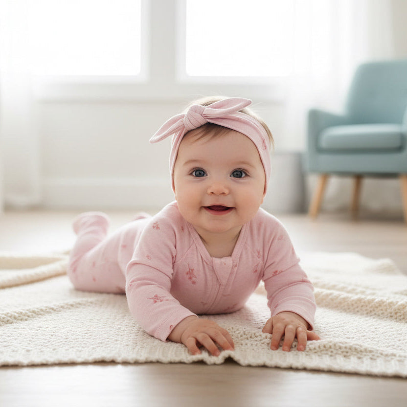 Pale Pink Blossom baby girl clothing  zip growsuit with matching knot headband in organic cotton. Soft pink baby clothes with inbuilt feet.
