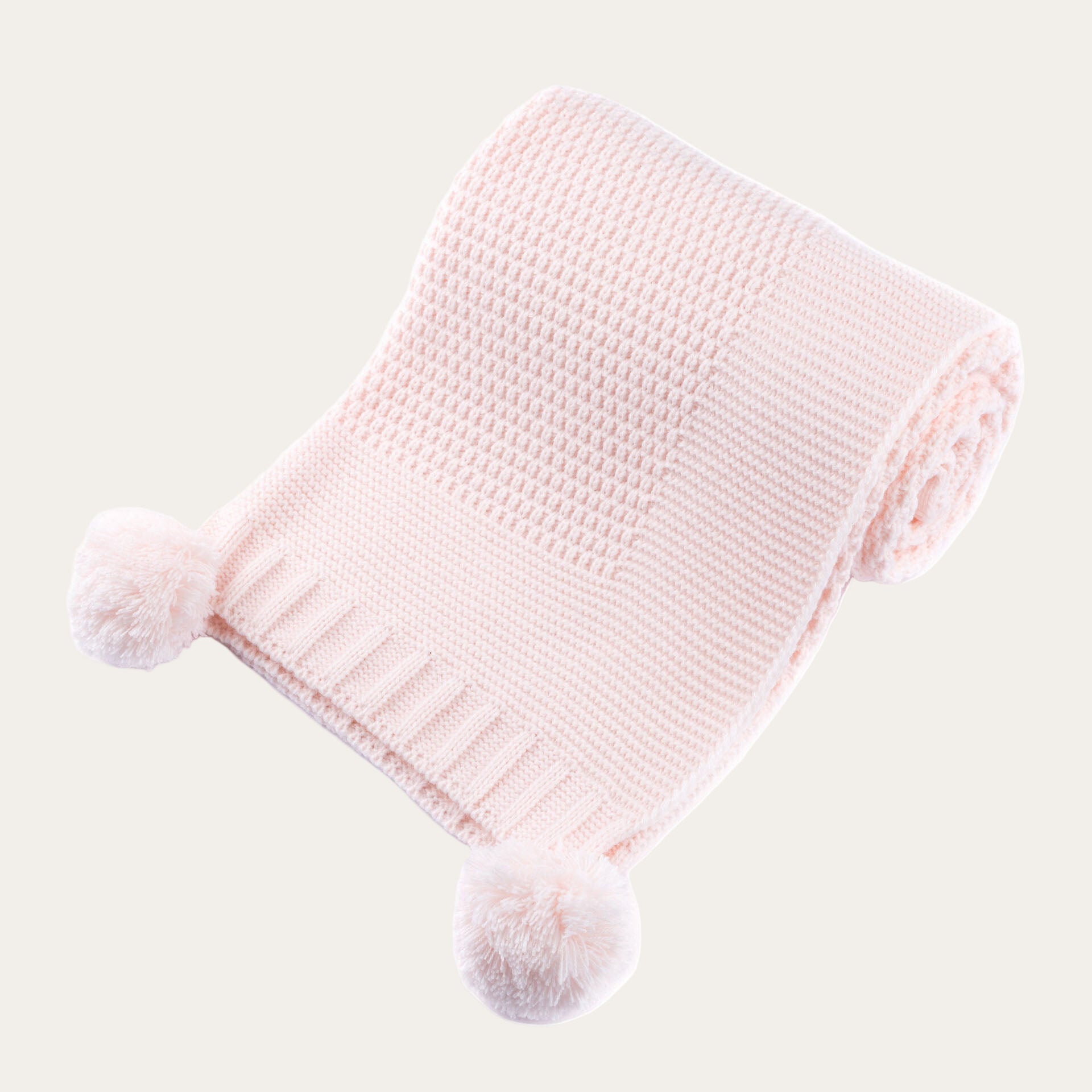 Pale Pink Ribbed Baby Blanket with Pom-Poms – 70 x 100 cm