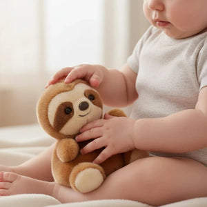Palm Pal Slomo Sloth soft baby toy in brown plush with light face and eye rings, 13cm cuddly toy suitable from birth.