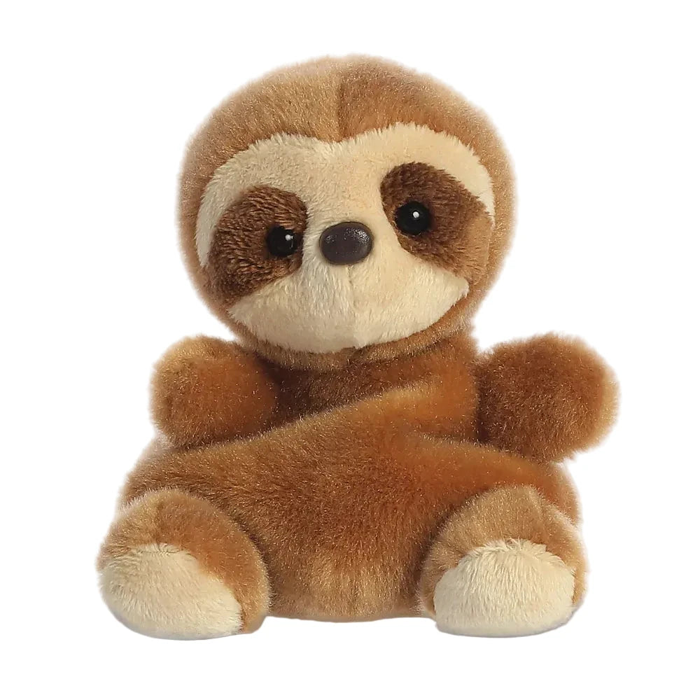 Palm Pal Slomo Sloth baby toy with soft brown plush fur and light face, small 13cm cuddly toy suitable from birth.
