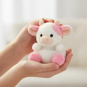 Palm Pals Belle Cow soft toy in pink and white plush, 13cm baby toy with bean-filled body suitable from birth.