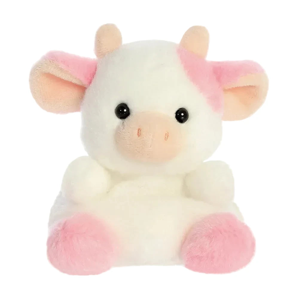 Palm Pals Belle Strawberry Cow soft toy in pink and white plush, 13cm baby toy with bean-filled body suitable from birth