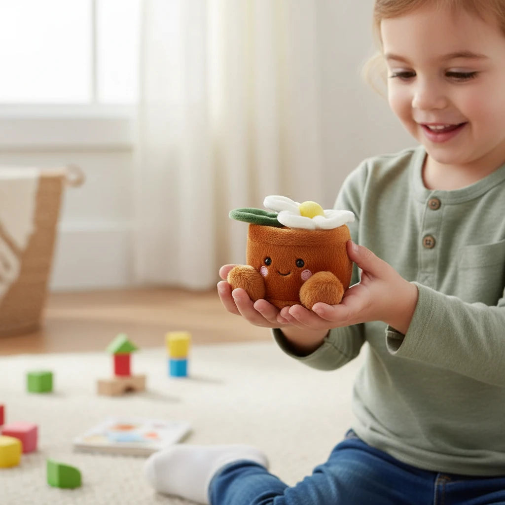 Palm Pals Junie Daisy soft toy with white flower top and brown smiling pot, small 13cm baby toy suitable from birth