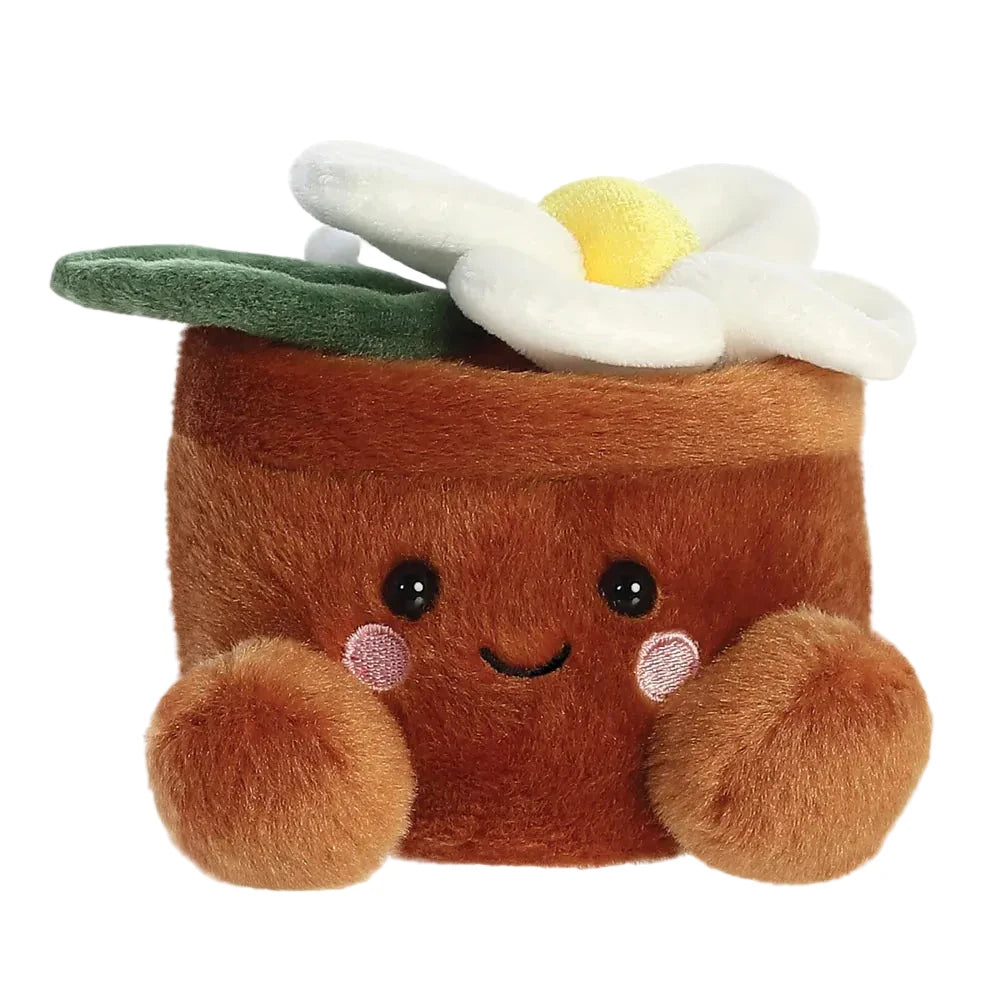 Palm Pals Junie Daisy plush soft toy with white flower and smiling brown pot, 13cm baby toy suitable from birth