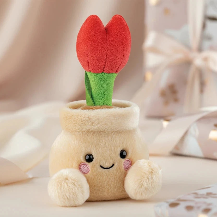 Palm Pals Lilybelle Potted Tulip plush soft toy with red flower top and smiling beige pot, small baby toy suitable from birth.