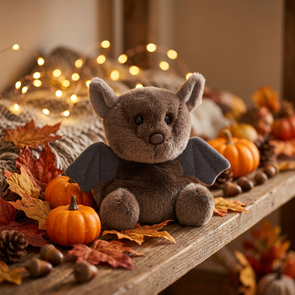 Palm Pals Luna Bat seated among small pumpkins and autumn leaves with dark wings spread.