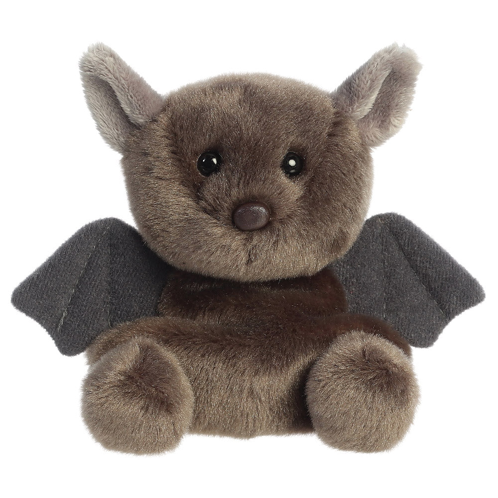 Luna Bat grey plush toy with pointed ears, dark wings and rounded feet against a white background.